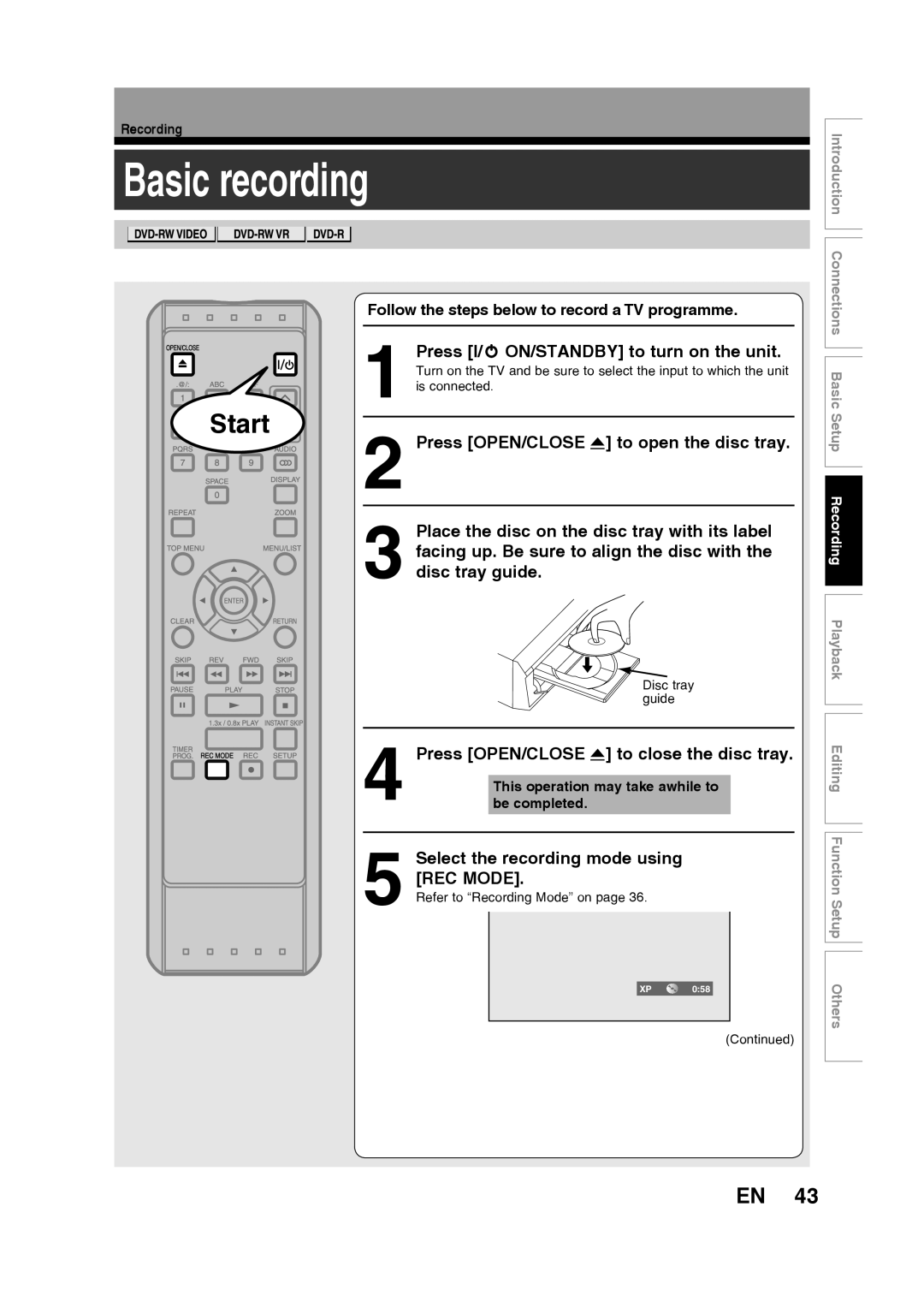 Toshiba D-R160SB manual Basic recording, Press I/y ON/STANDBY to turn on the unit, Select the recording mode using REC Mode 