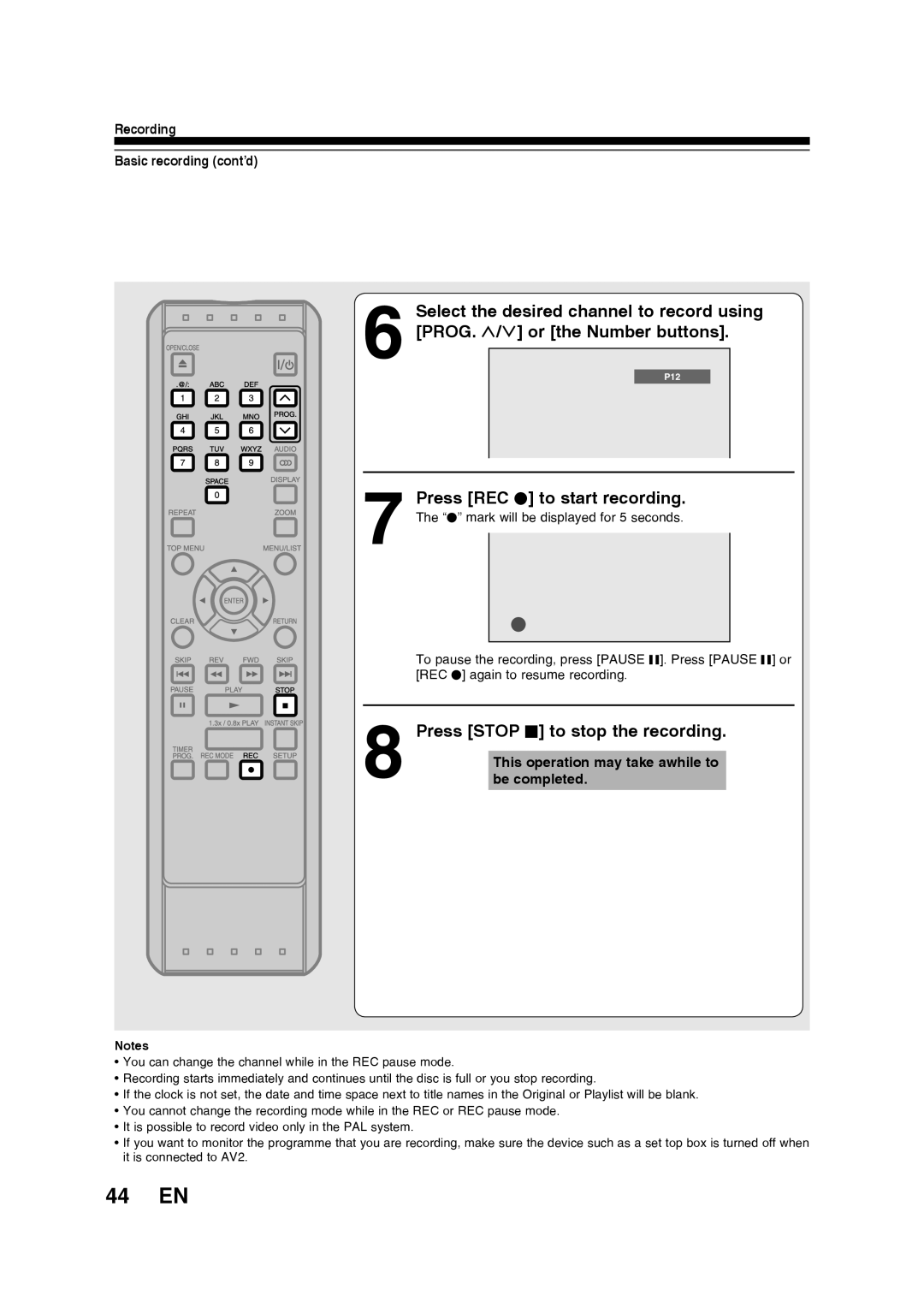 Toshiba D-R160SB manual 44 EN, Press REC I to start recording, Press Stop C to stop the recording 