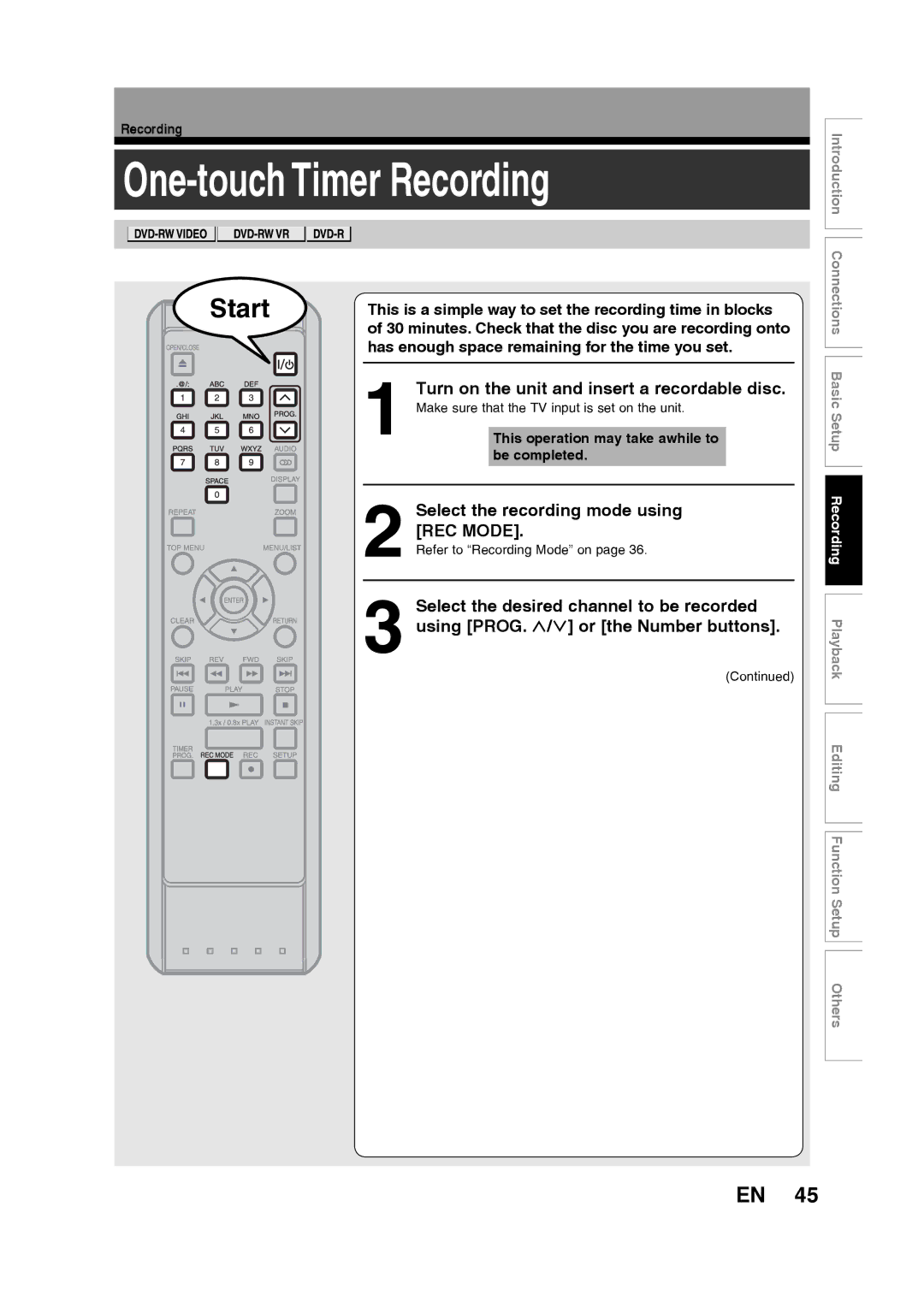 Toshiba D-R160SB manual One-touch Timer Recording, Has enough space remaining for the time you set 