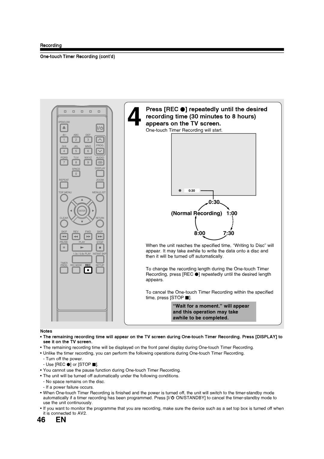 Toshiba D-R160SB manual 46 EN, Recording One-touch Timer Recording cont’d 