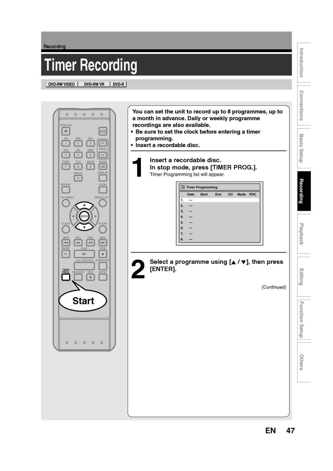 Toshiba D-R160SB manual Timer Recording, Insert a recordable disc, Stop mode, press Timer Prog 