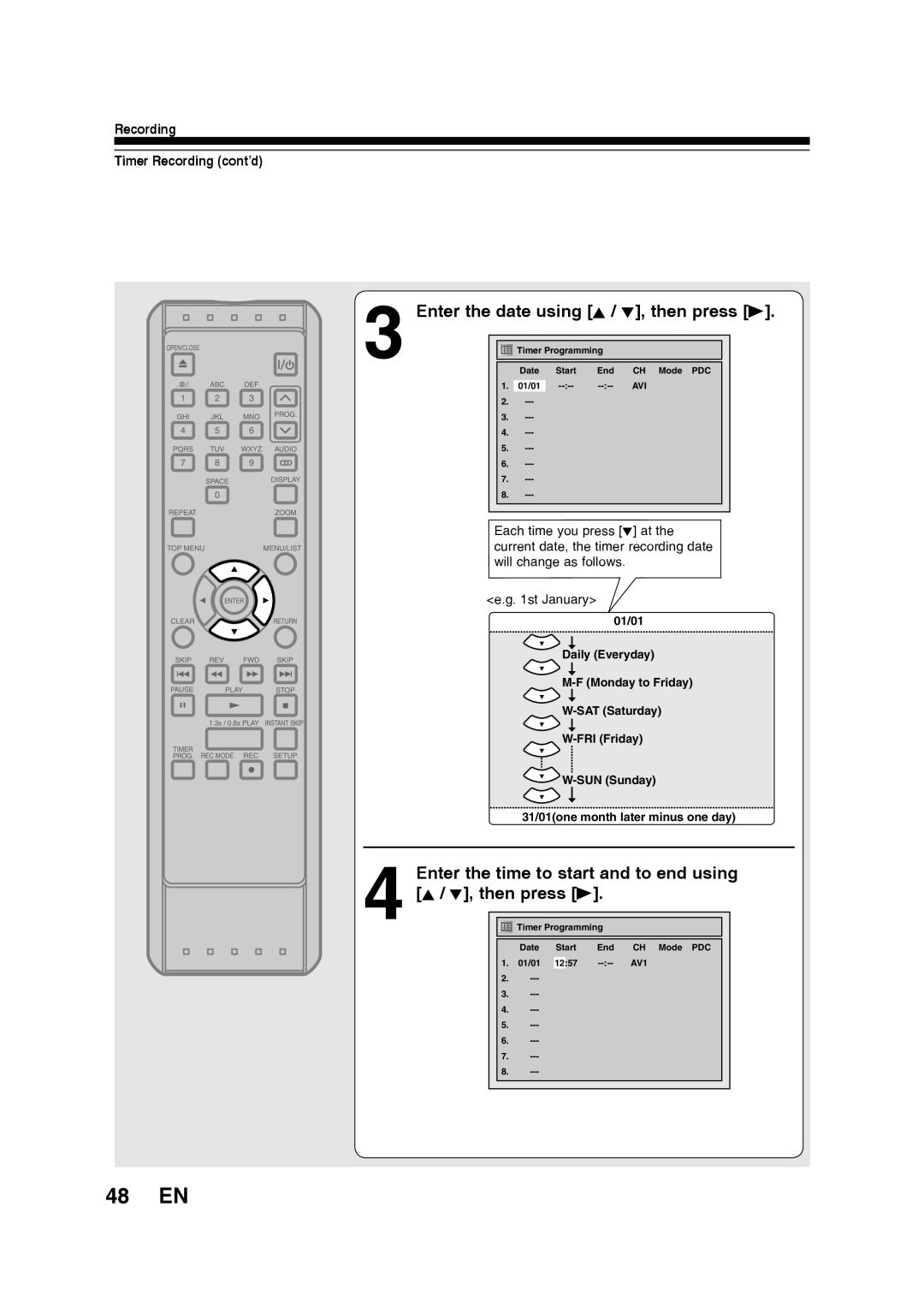 Toshiba D-R160SB 48 EN, Enter the date using K / L, then press B, Enter the time to start and to end using, Then press B 