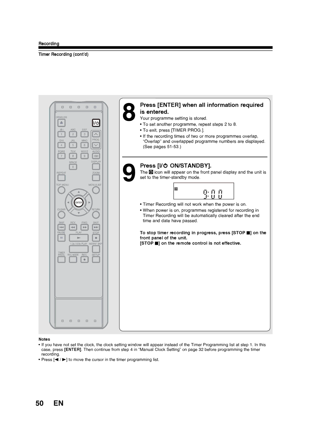 Toshiba D-R160SB manual 50 EN, Press Enter when all information required is entered, Press I/y ON/STANDBY 