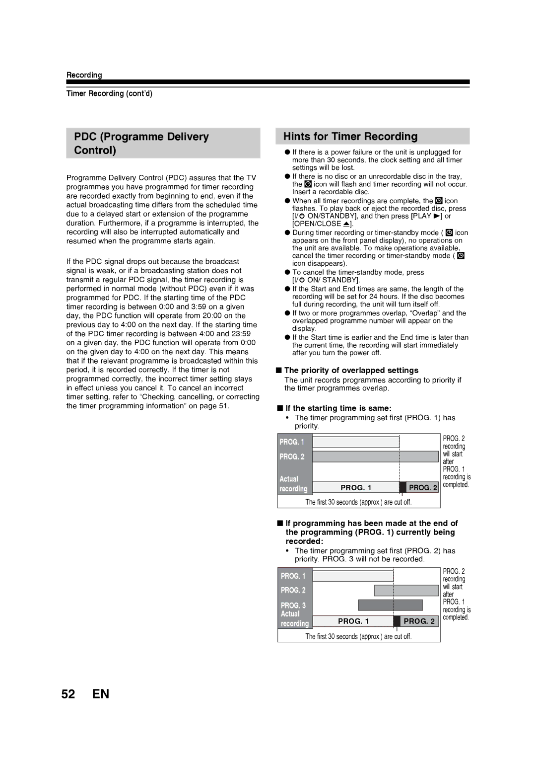 Toshiba D-R160SB manual 52 EN, PDC Programme Delivery Control, Hints for Timer Recording, Priority of overlapped settings 