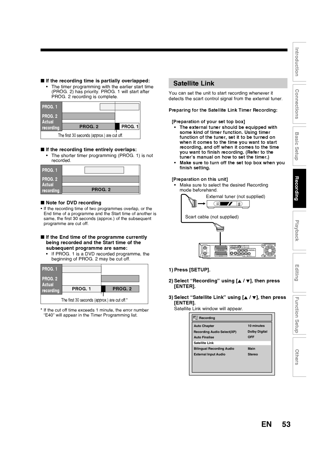 Toshiba D-R160SB Satellite Link, If the recording time is partially overlapped, If the recording time entirely overlaps 