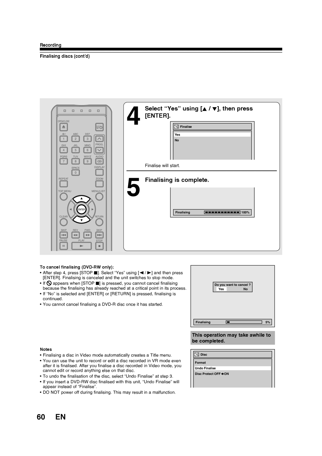 Toshiba D-R160SB 60 EN, Select Yes using K / L, then press Enter, Finalising is complete, To cancel finalising DVD-RW only 