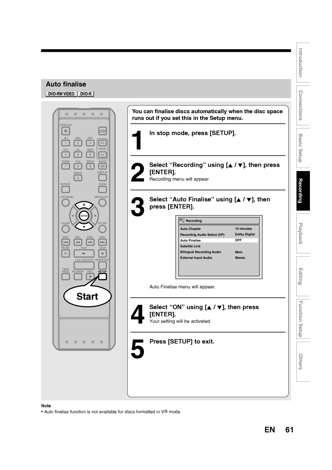 Toshiba D-R160SB manual Auto finalise, Select Auto Finalise using K / L, then press Enter 