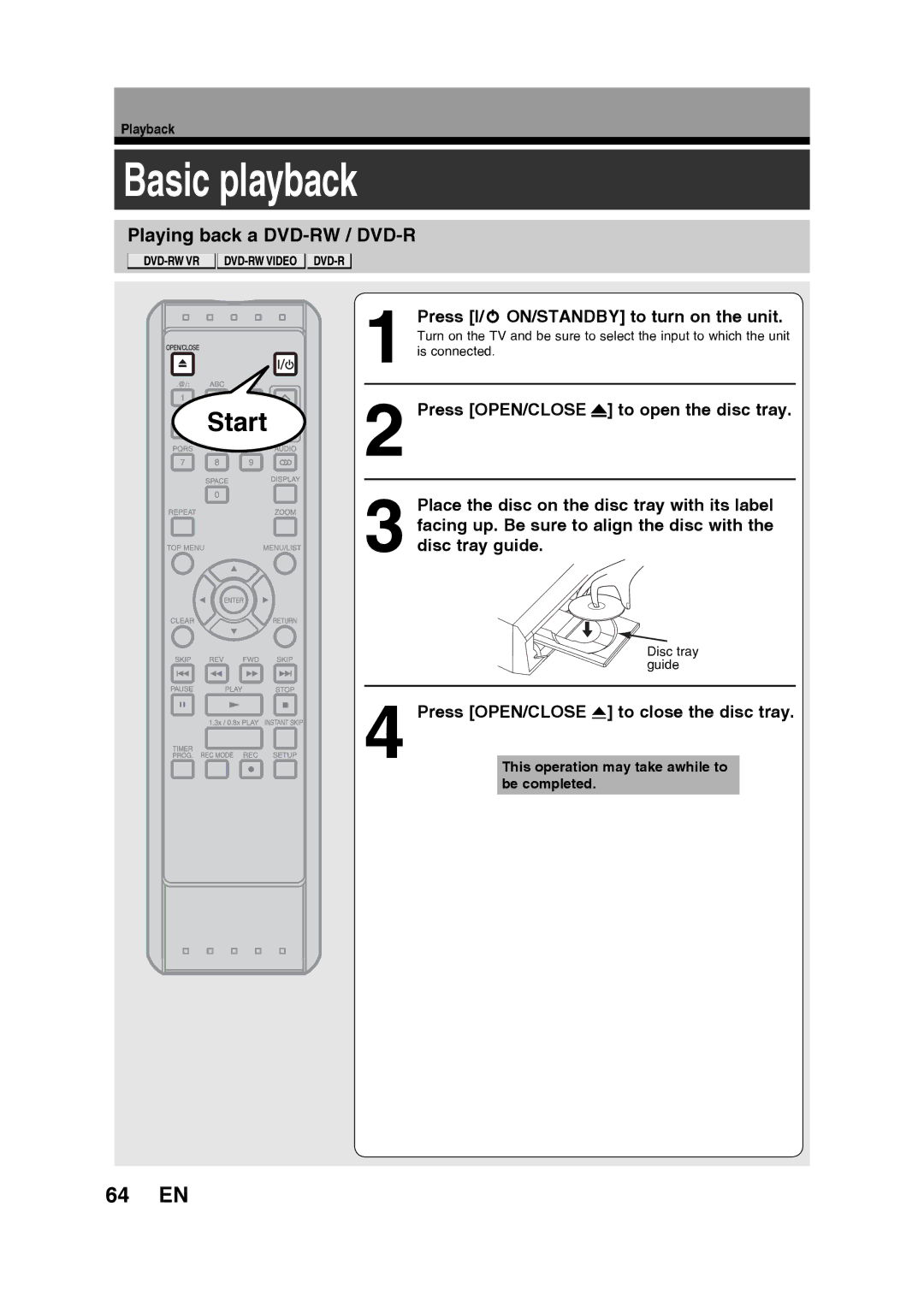 Toshiba D-R160SB manual Basic playback, 64 EN, Playing back a DVD-RW / DVD-R 