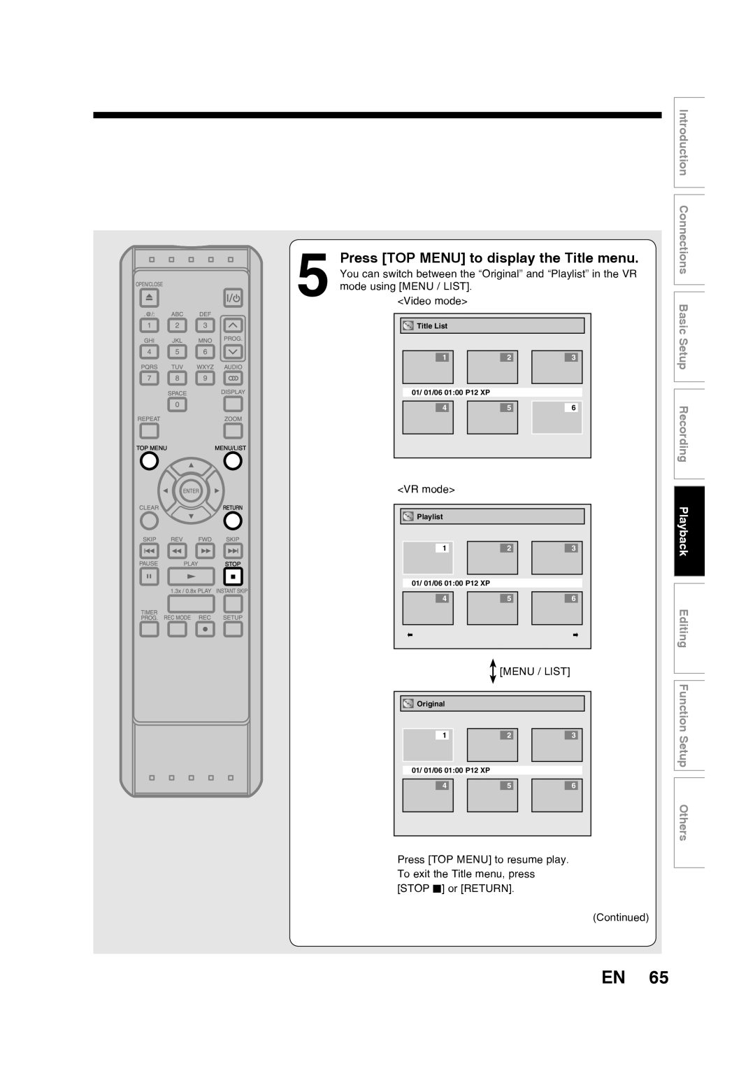 Toshiba D-R160SB manual Press TOP Menu to display the Title menu, Menu / List 