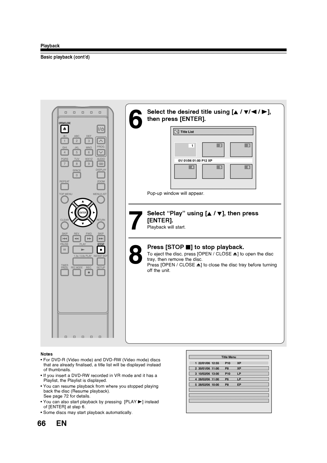 Toshiba D-R160SB manual 66 EN, Select the desired title using K / L/ / B, Select Play using K / L, then press Enter 