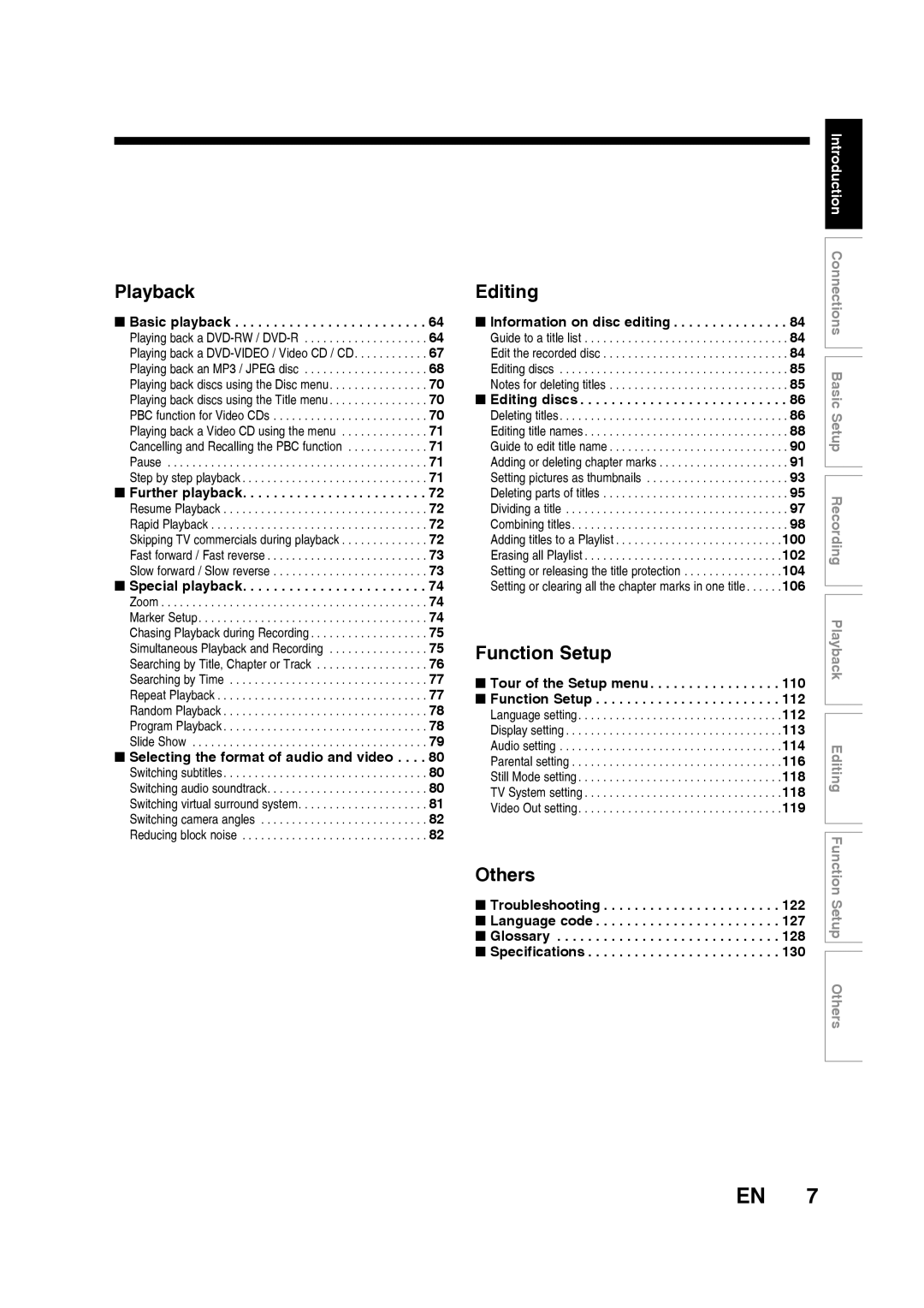 Toshiba D-R160SB manual Playback, Editing, Function Setup, Others, Troubleshooting Language code Glossary Specifications 