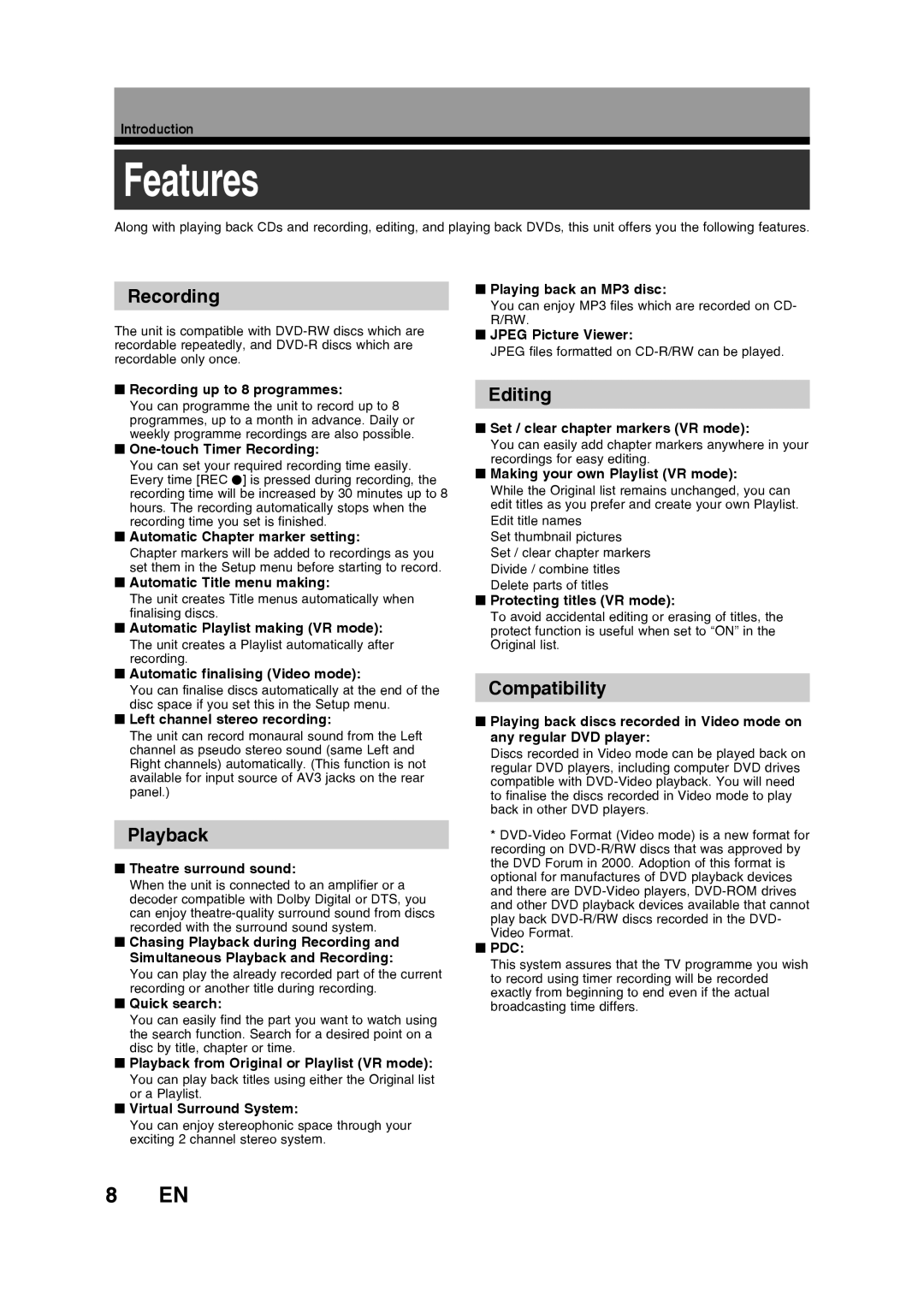 Toshiba D-R160SB manual Features, Compatibility 