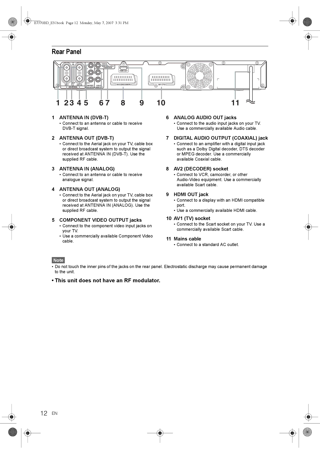 Toshiba D-R17DTKB owner manual Rear Panel, 12 EN, This unit does not have an RF modulator 