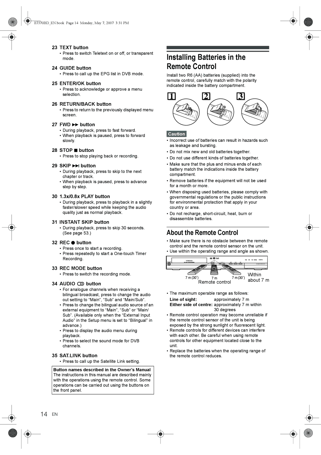 Toshiba D-R17DTKB owner manual Installing Batteries in the Remote Control, About the Remote Control, 14 EN 