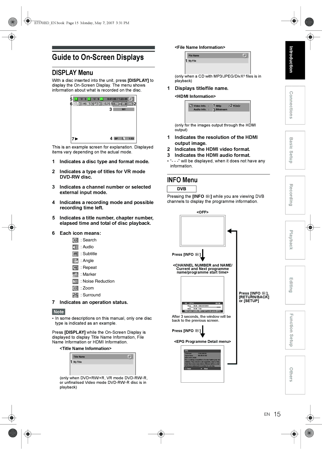 Toshiba D-R17DTKB owner manual Guide to On-Screen Displays, Display Menu 