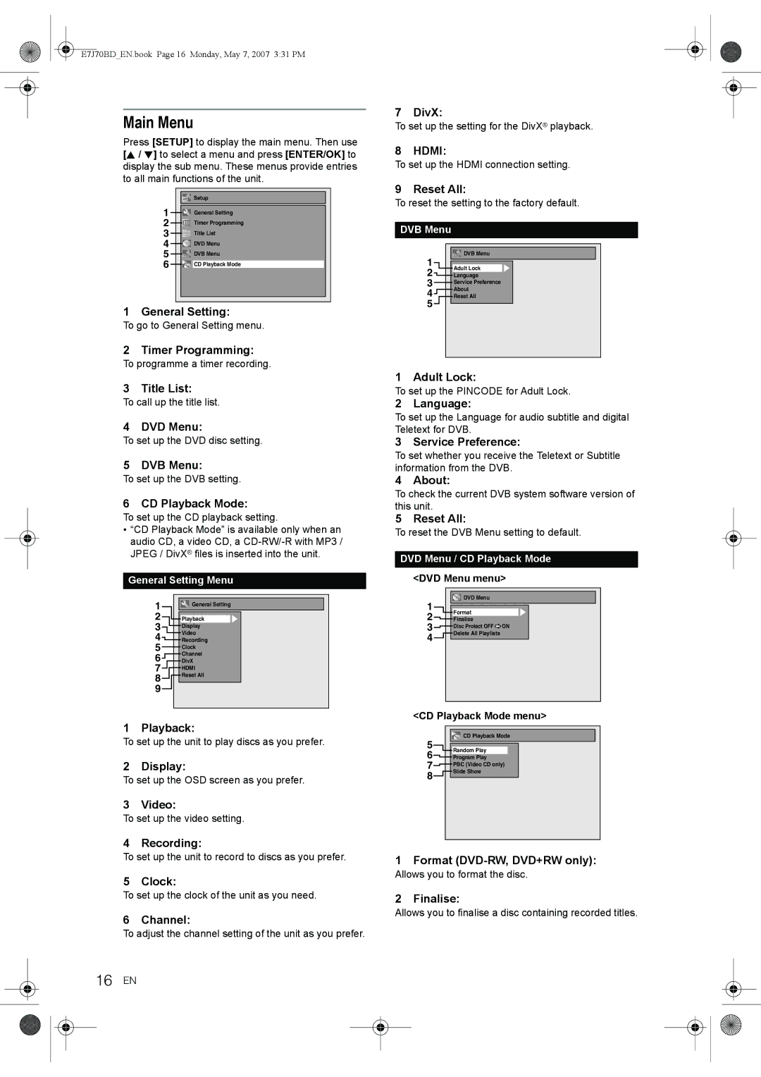 Toshiba D-R17DTKB owner manual Main Menu, 16 EN 