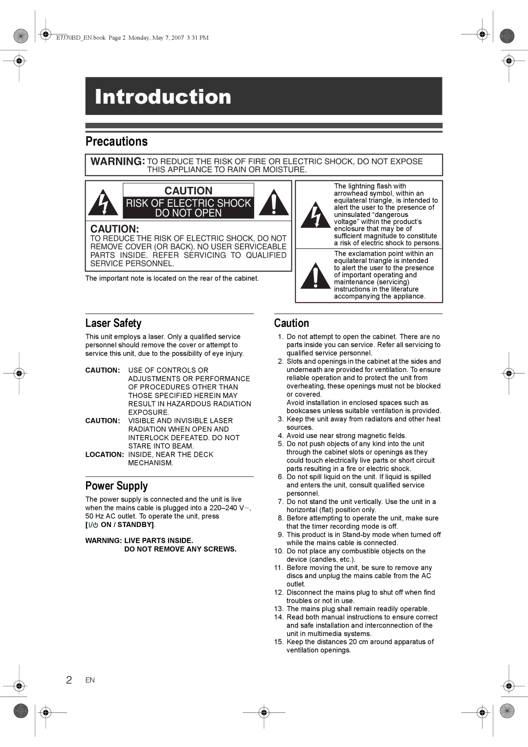 Toshiba D-R17DTKB owner manual Precautions, Laser Safety, Power Supply, On / Standby, Do not Remove ANY Screws 