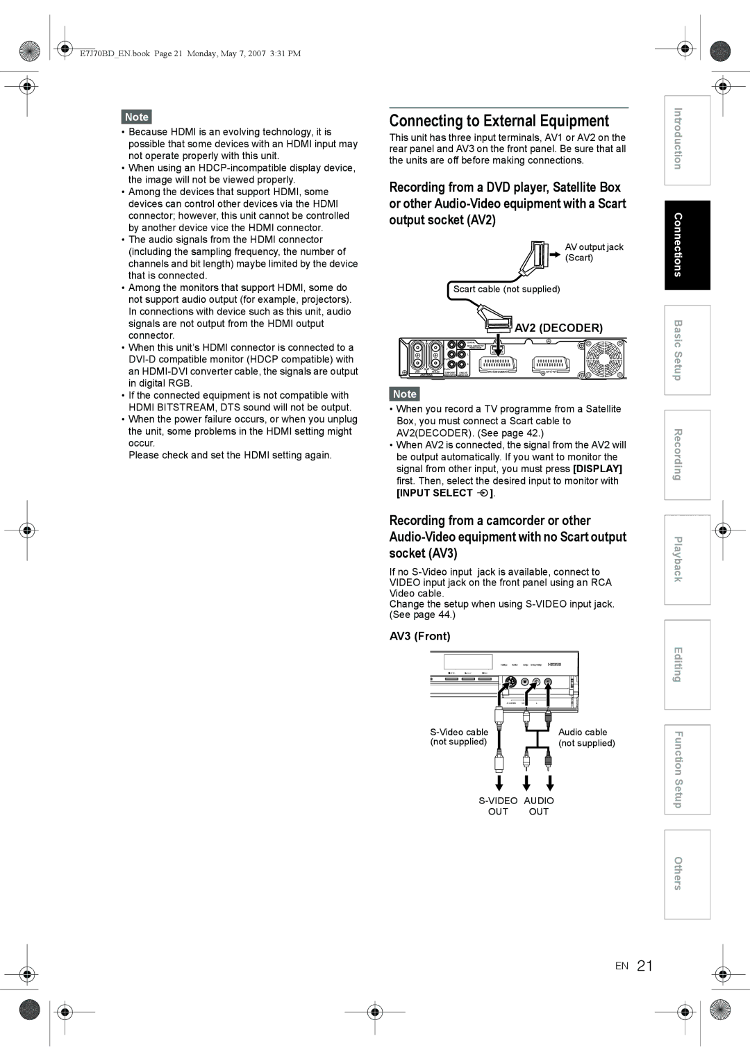 Toshiba D-R17DTKB owner manual Connecting to External Equipment, AV3 Front 