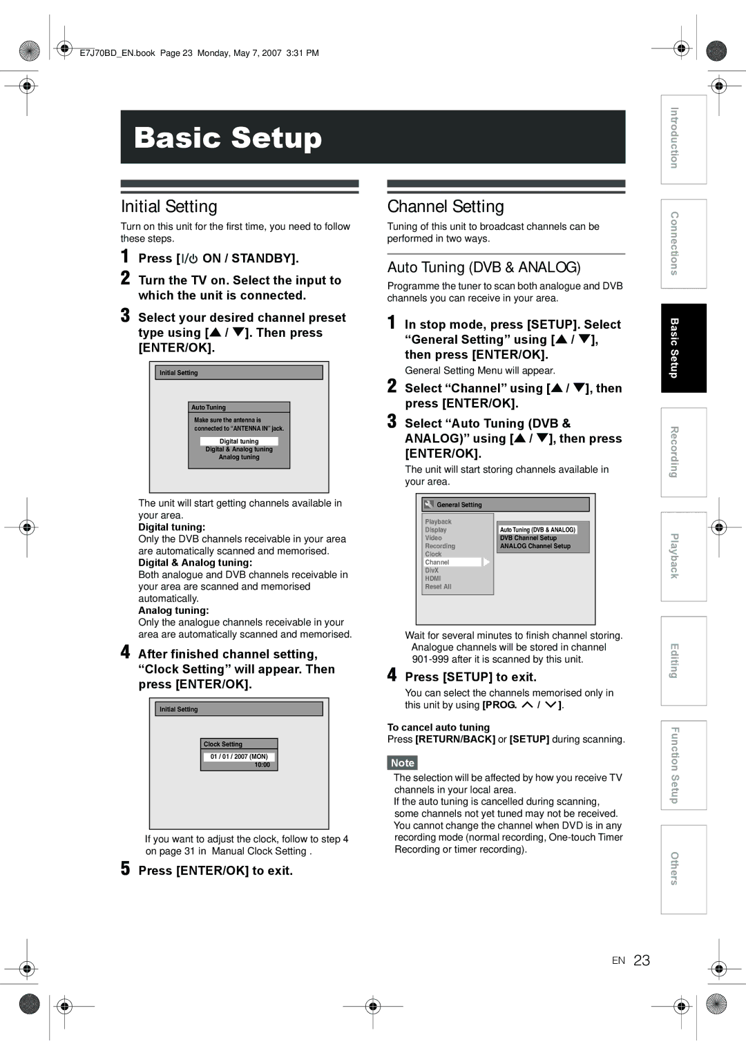 Toshiba D-R17DTKB owner manual Initial Setting, Channel Setting, Auto Tuning DVB & Analog 