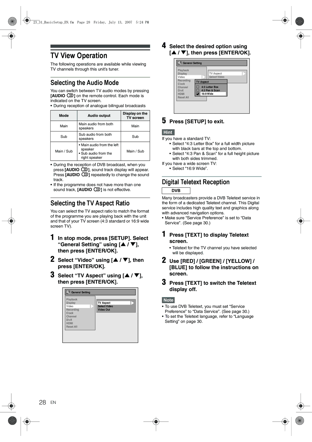 Toshiba D-R17DTKB TV View Operation, Selecting the Audio Mode, Selecting the TV Aspect Ratio, Digital Teletext Reception 