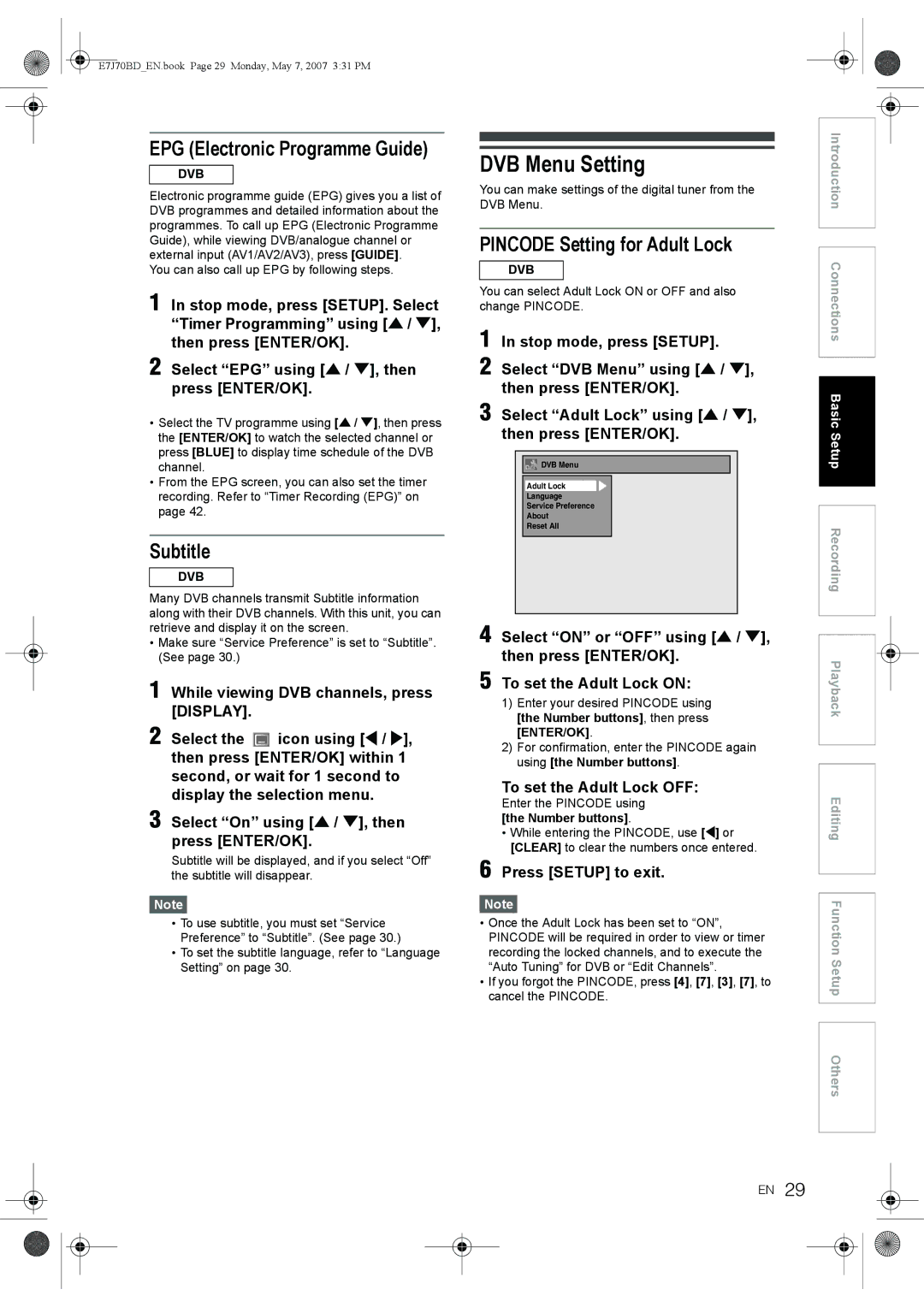 Toshiba D-R17DTKB owner manual DVB Menu Setting, EPG Electronic Programme Guide, Subtitle, Pincode Setting for Adult Lock 