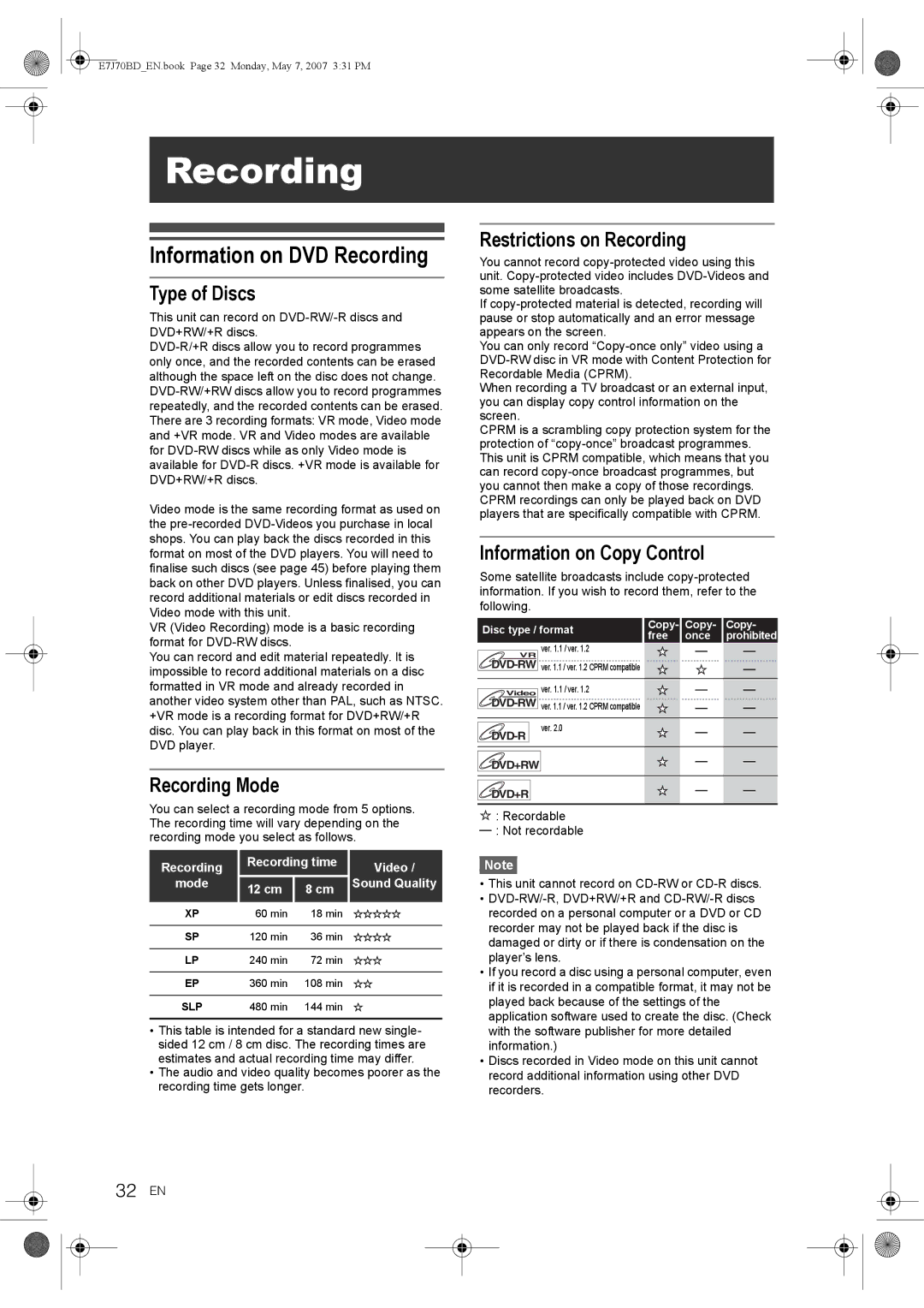 Toshiba D-R17DTKB owner manual Information on DVD Recording, Type of Discs, Recording Mode, Restrictions on Recording 