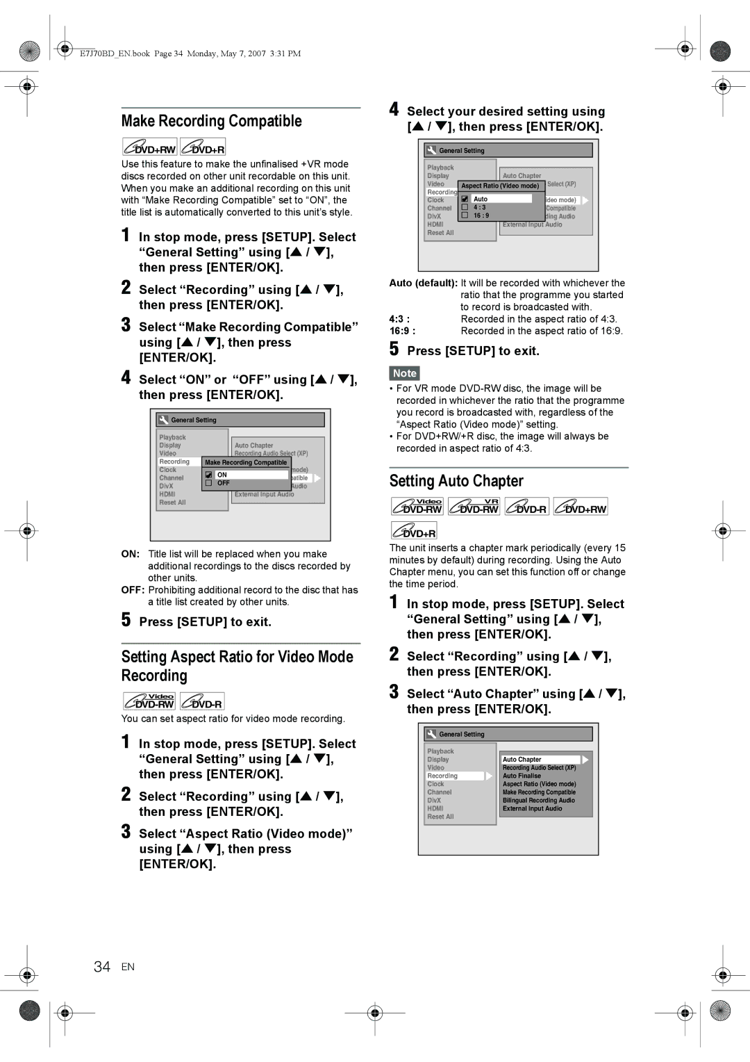 Toshiba D-R17DTKB Make Recording Compatible, Setting Aspect Ratio for Video Mode Recording, Setting Auto Chapter, 34 EN 