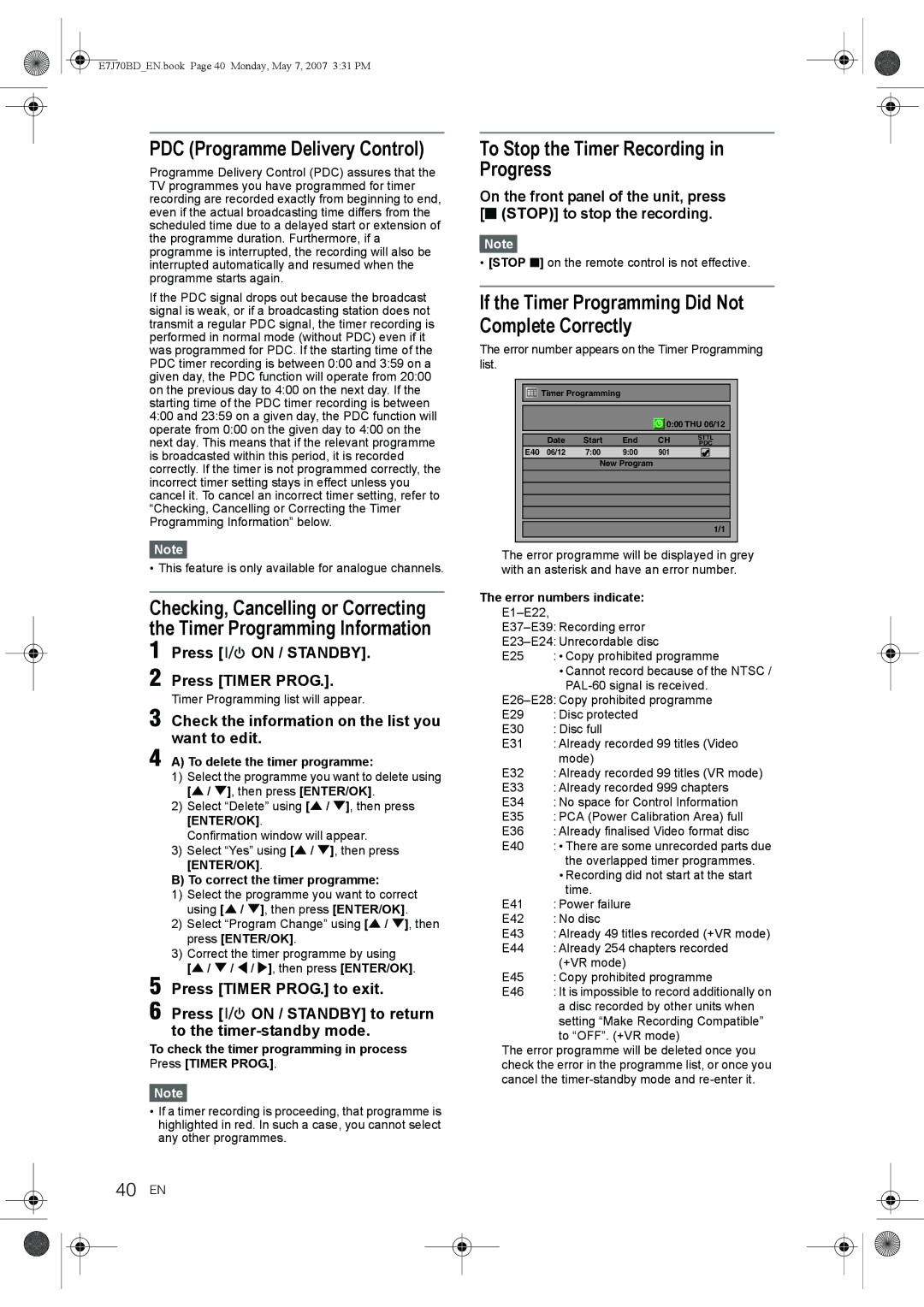 Toshiba D-R17DTKB owner manual PDC Programme Delivery Control, To Stop the Timer Recording in Progress, 40 EN 