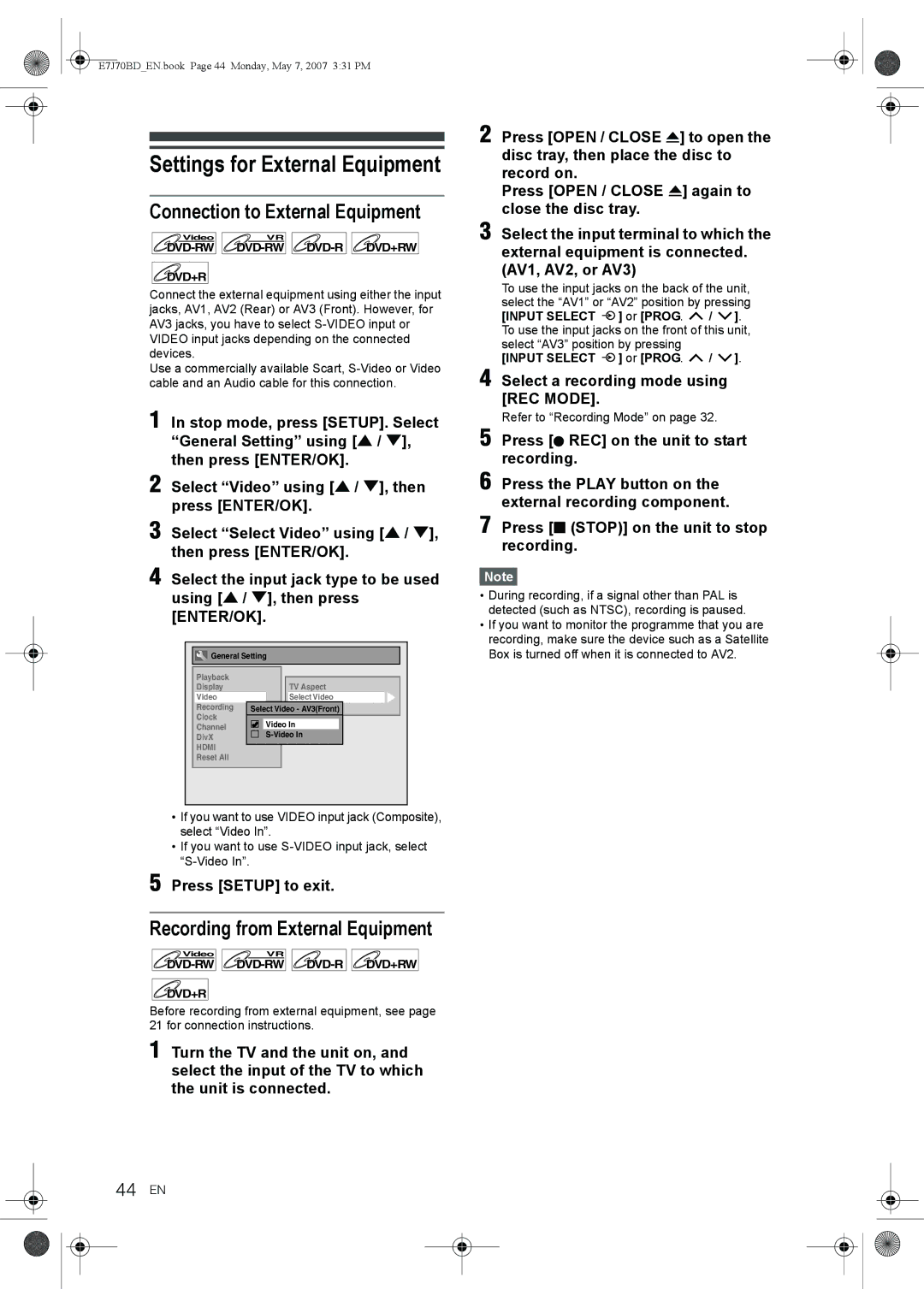 Toshiba D-R17DTKB Settings for External Equipment, Connection to External Equipment, Recording from External Equipment 