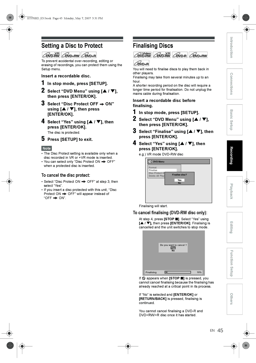 Toshiba D-R17DTKB owner manual Setting a Disc to Protect, Finalising Discs, To cancel the disc protect 