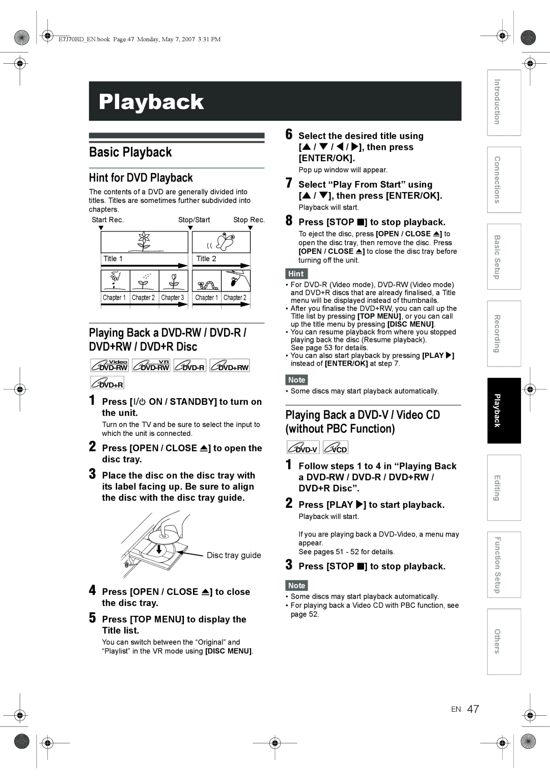 Toshiba D-R17DTKB owner manual Basic Playback, Hint for DVD Playback, Playing Back a DVD-RW / DVD-R / DVD+RW / DVD+R Disc 