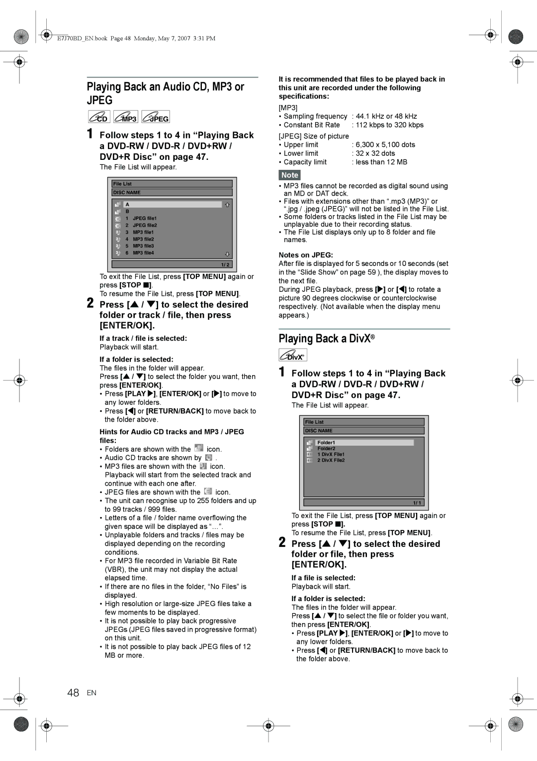 Toshiba D-R17DTKB owner manual Playing Back an Audio CD, MP3 or, Playing Back a DivX, 48 EN 