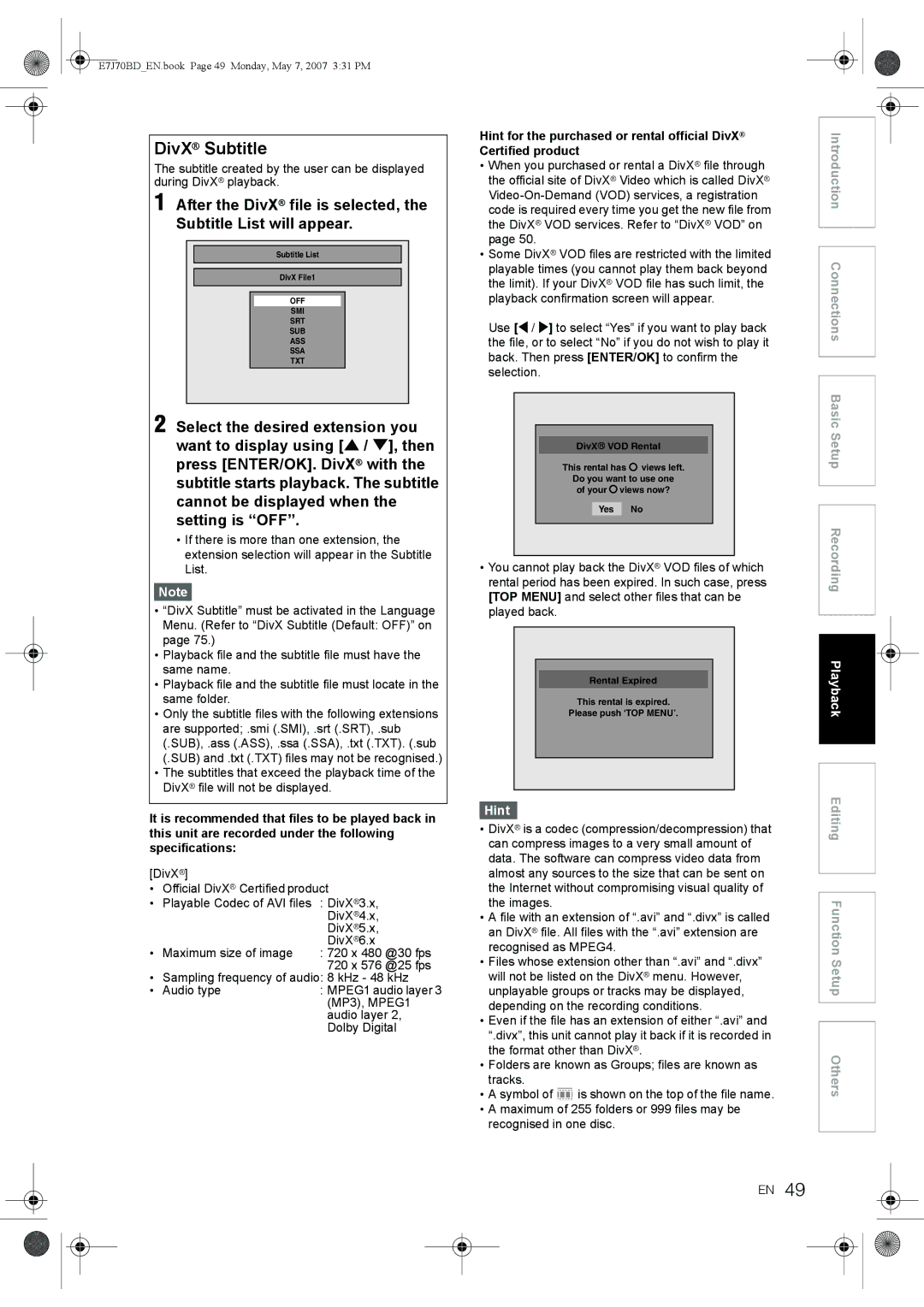 Toshiba D-R17DTKB owner manual DivX Subtitle, Hint for the purchased or rental official DivX, Certified product 