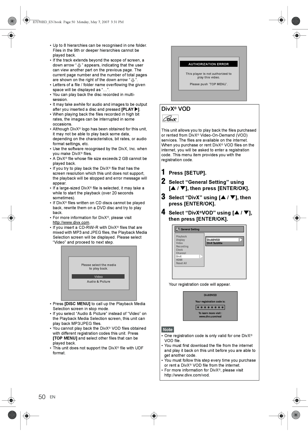 Toshiba D-R17DTKB owner manual 50 EN, DivX VOD, Your registration code will appear 