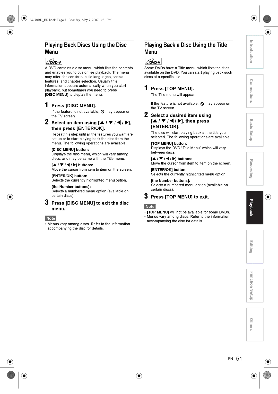 Toshiba D-R17DTKB owner manual Playing Back Discs Using the Disc Menu, Playing Back a Disc Using the Title Menu 