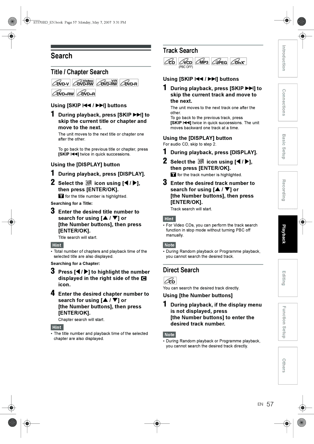 Toshiba D-R17DTKB owner manual Title / Chapter Search, Track Search, Direct Search, Using the Display button 