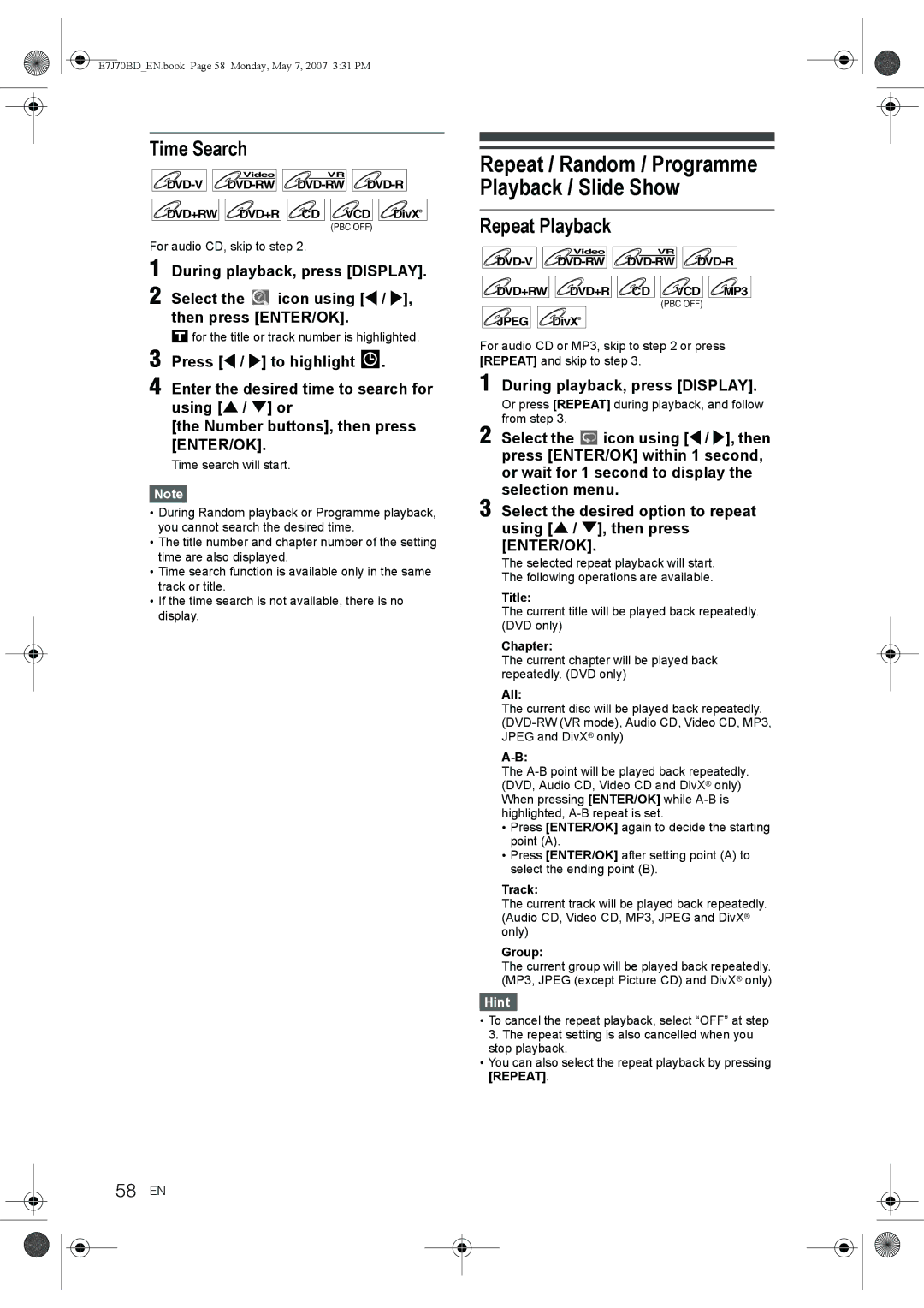 Toshiba D-R17DTKB owner manual Repeat / Random / Programme Playback / Slide Show, Time Search, Repeat Playback, 58 EN 