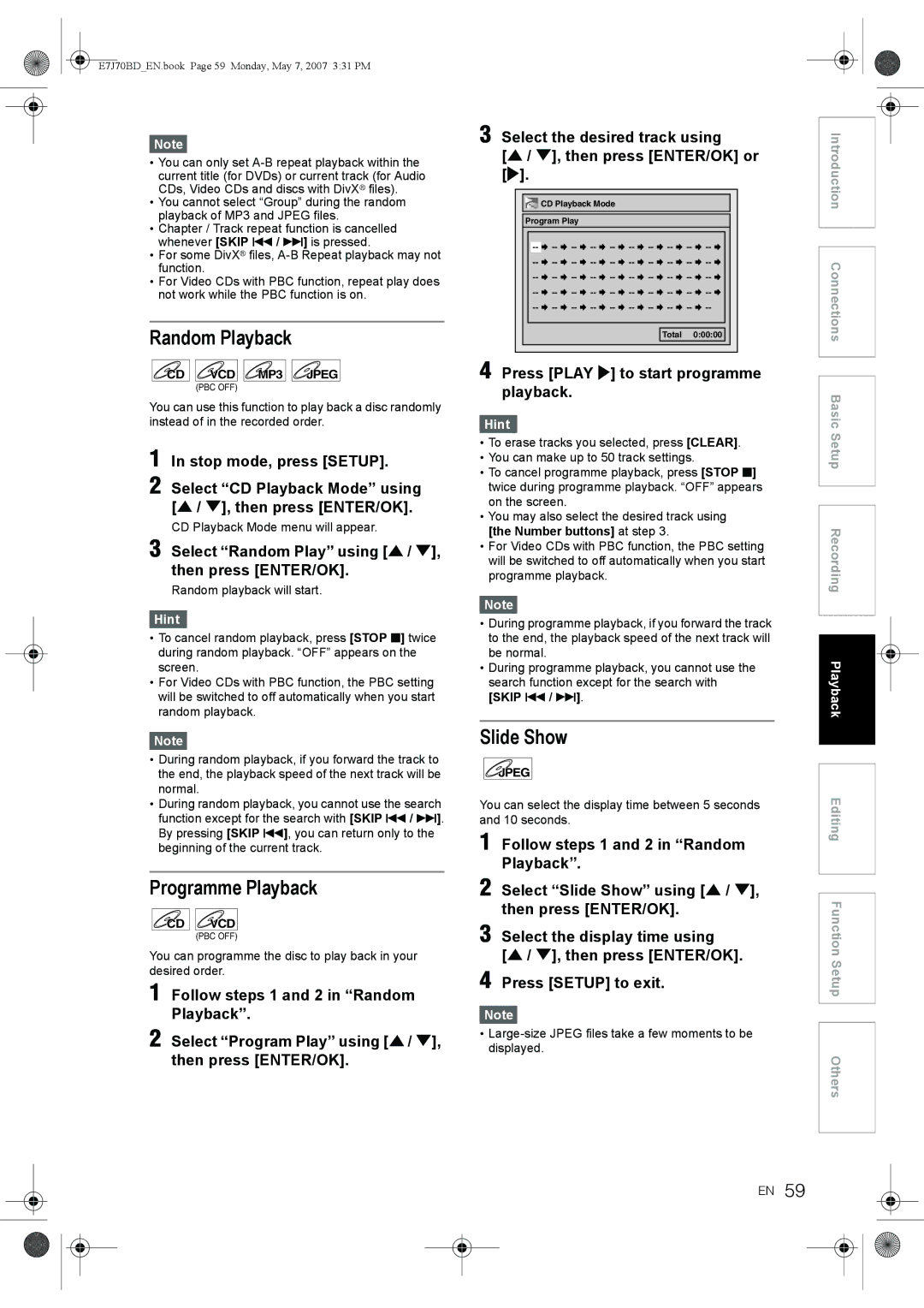 Toshiba D-R17DTKB Random Playback, Programme Playback, Slide Show, Select Random Play using U / D, then press ENTER/OK 