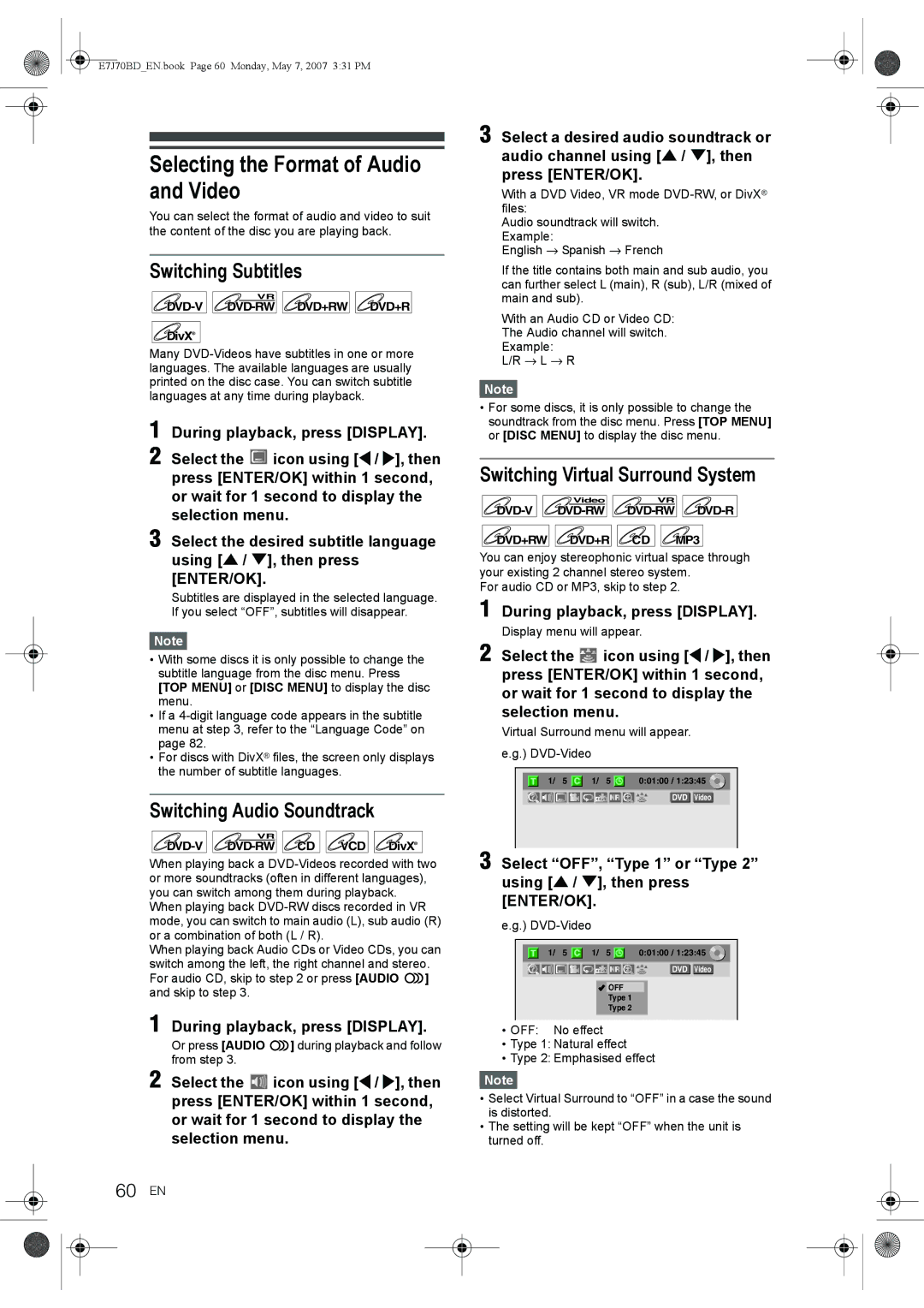 Toshiba D-R17DTKB Selecting the Format of Audio and Video, Switching Subtitles, Switching Audio Soundtrack, 60 EN 