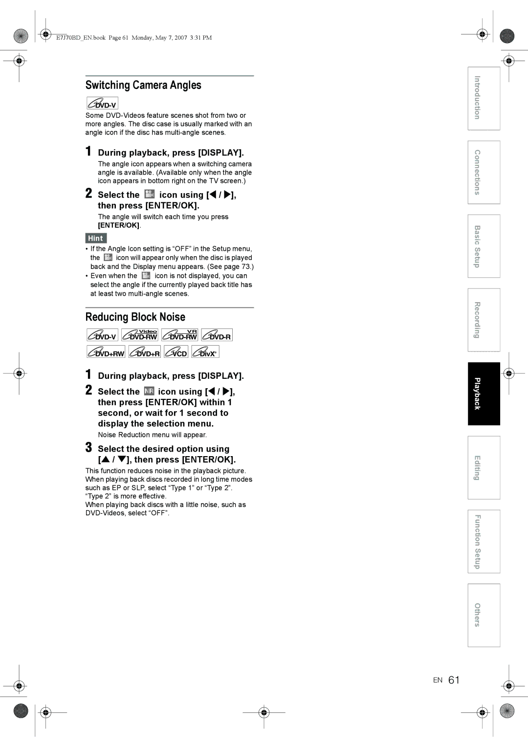 Toshiba D-R17DTKB Switching Camera Angles, Reducing Block Noise, Angle will switch each time you press ENTER/OK 