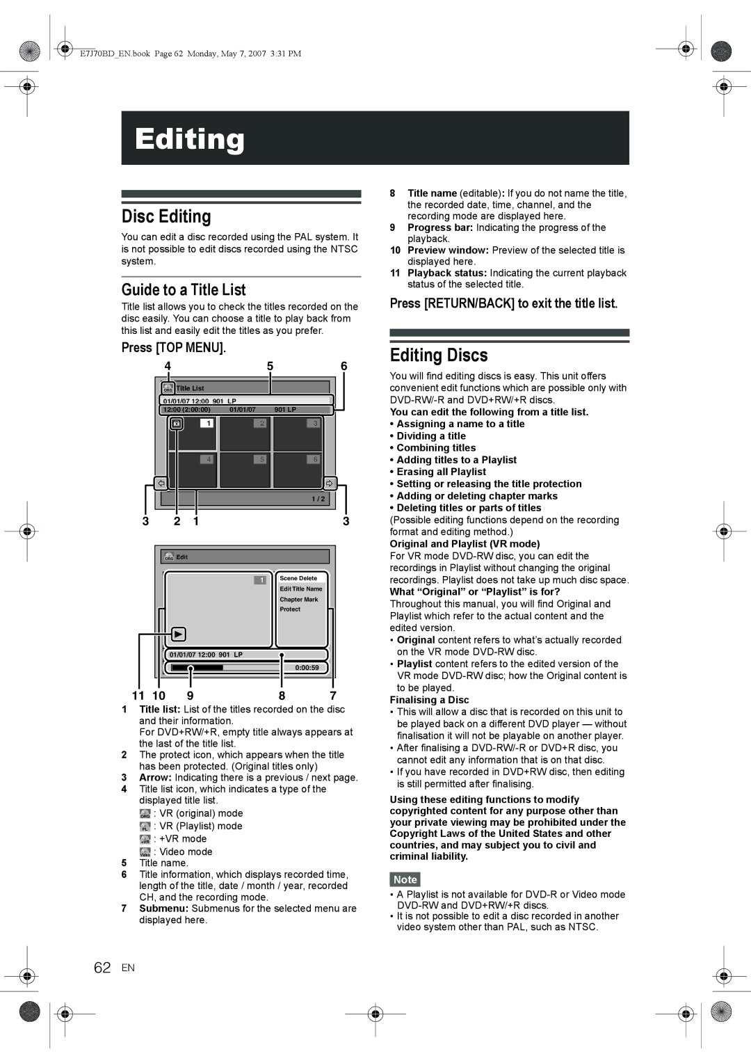 Toshiba D-R17DTKB Disc Editing, Editing Discs, Guide to a Title List, 62 EN, Press RETURN/BACK to exit the title list 