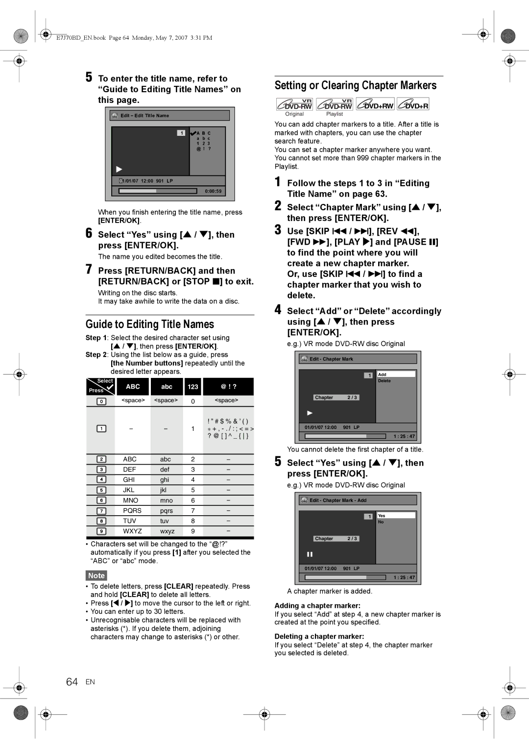 Toshiba D-R17DTKB owner manual Guide to Editing Title Names, Setting or Clearing Chapter Markers, 64 EN 