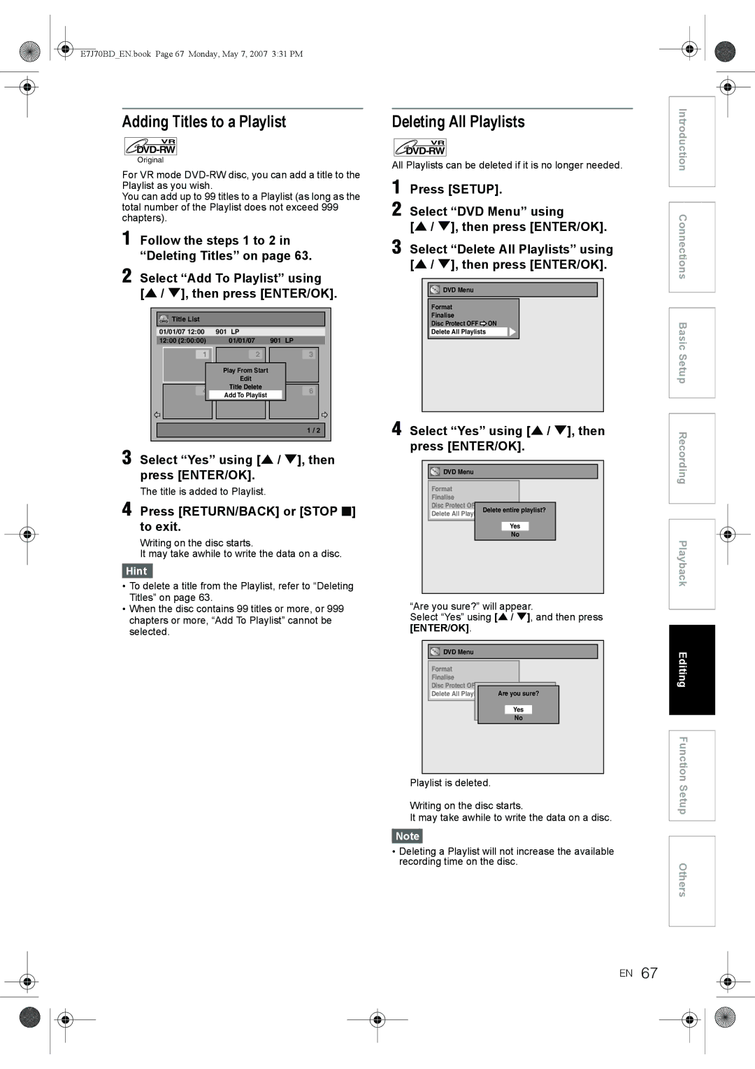 Toshiba D-R17DTKB owner manual Adding Titles to a Playlist, Deleting All Playlists, Title is added to Playlist 