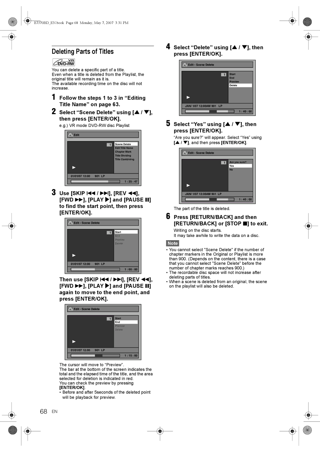 Toshiba D-R17DTKB owner manual Deleting Parts of Titles, 68 EN, Select Delete using U / D, then press ENTER/OK 