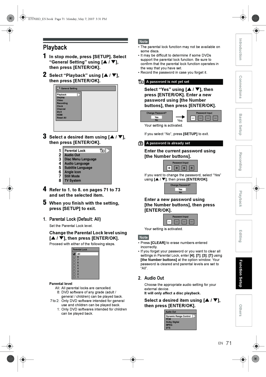 Toshiba D-R17DTKB Playback, Parental Lock Default All, Audio Out, Select a desired item using U / D, then press ENTER/OK 