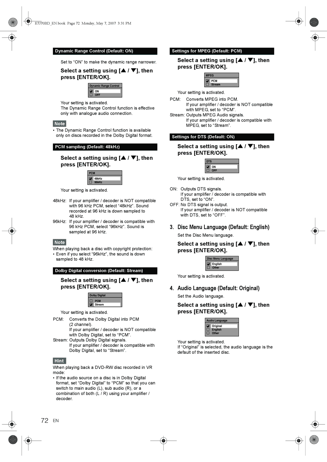 Toshiba D-R17DTKB owner manual 72 EN, Disc Menu Language Default English, Audio Language Default Original 