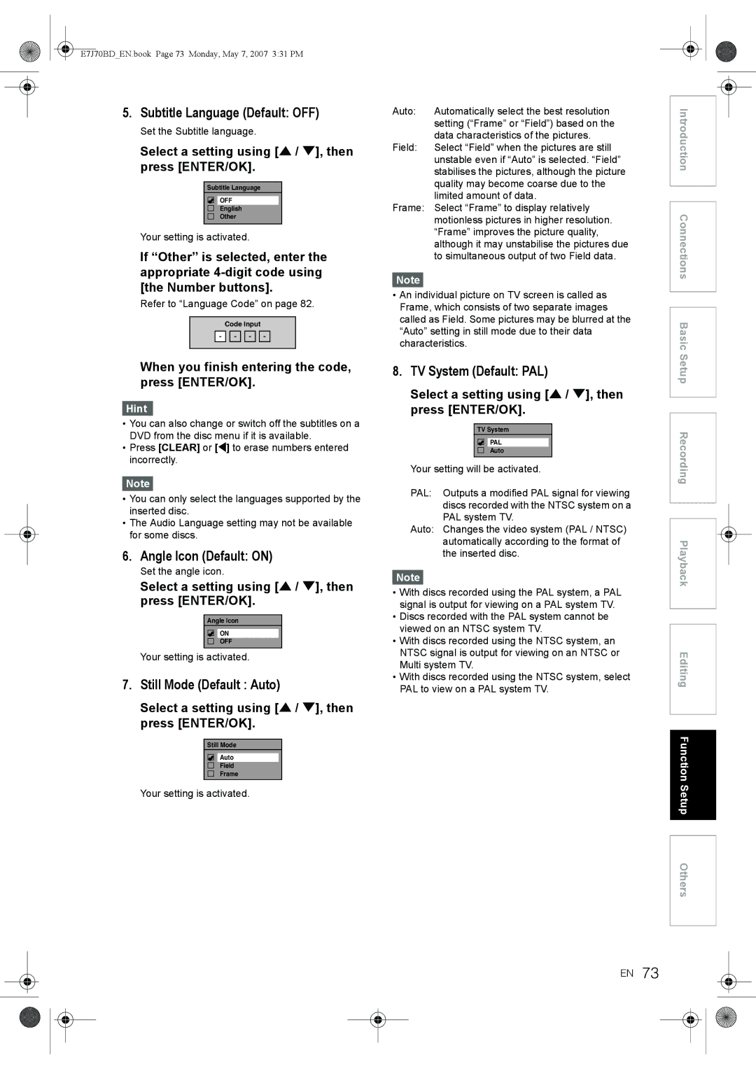 Toshiba D-R17DTKB Subtitle Language Default OFF, Angle Icon Default on, Still Mode Default Auto, TV System Default PAL 