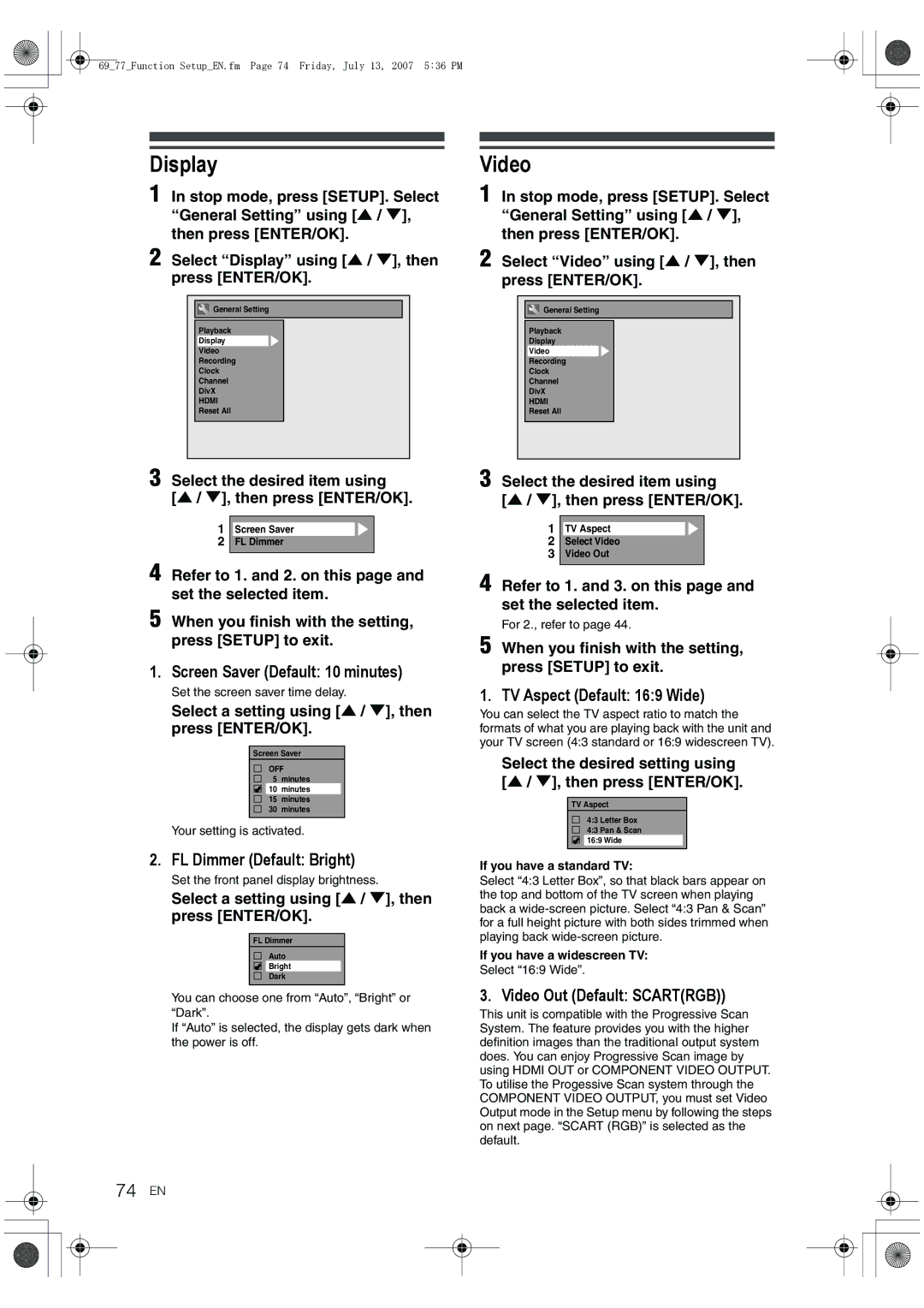 Toshiba D-R17DTKB owner manual Display, Video, 74 EN 