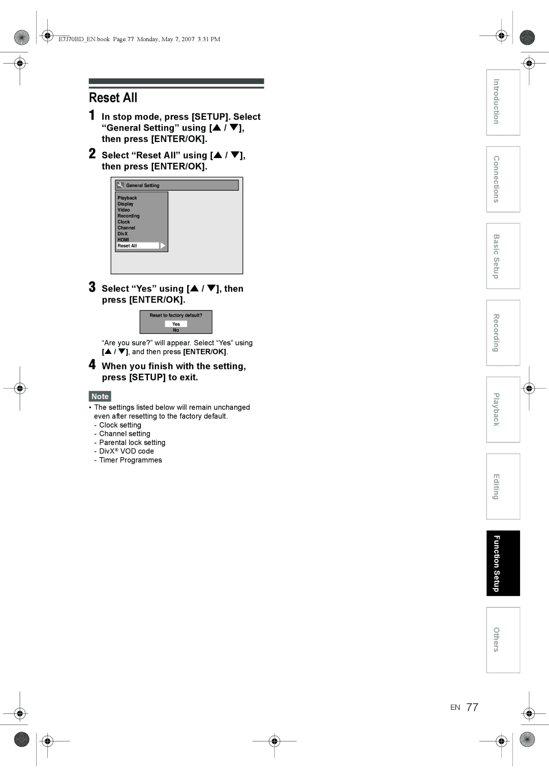 Toshiba D-R17DTKB owner manual Reset All, Select Yes using U / D, then press ENTER/OK 