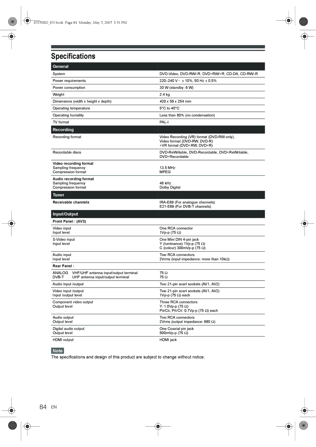 Toshiba D-R17DTKB owner manual Specifications, 84 EN 